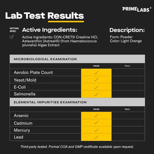 Miniatura 7 de Prime Labs - Creatina HCl en polvo con Astaxantina - Apoya la recuperación muscular y la salud cerebral - Con-Cret Creatina HCl