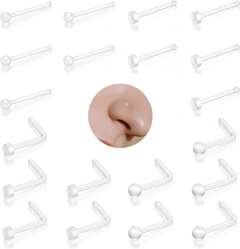 20Pcs Clear Nose Rings Retainer Set – 18G/20G I & L Shape Bioflex Studs, Flat & Round Top, 2mm Top, 8mm/10mm – Invisible Nose Piercing Jewelry for