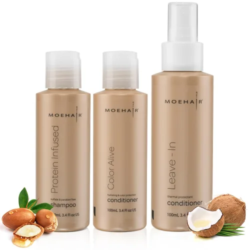MOEHAIR Juego de trío de viaje: champú con infusión de proteínas, acondicionador Color Alive y acondicionador sin enjuague, fortalecimiento e