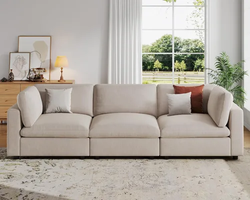 Miniatura 20 de VANOMi Sofá modular, cómodo sofá con marco de madera maciza de 3 asientos, sofá moderno certificado FSC para sala de estar, beige