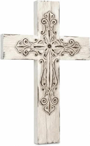 Miniatura 10 de Comfy Hour Cruz de pared decorativa en capas de 13 pulgadas, cruz de tono cobre estilo antiguo sobre base de aspecto de madera rústica, placa