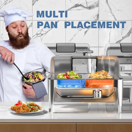 Miniatura 2 de Juego de buffet de platos de roce PYY con tapa enrollable, juego de 9 cuartos de galón de servidor de roce de acero inoxidable para catering, chafer