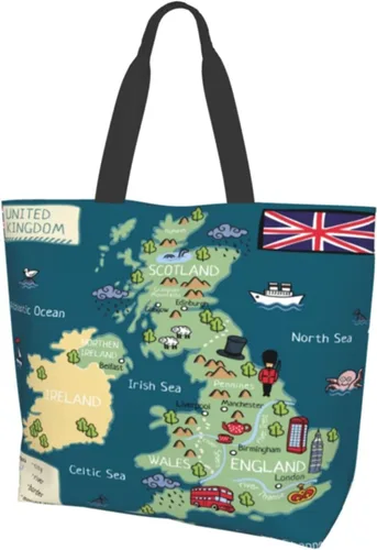 Divertido bolso de mano de dibujos animados del Reino Unido con mapa, grande, casual, para mujer, bolsas de hombro reutilizables para el trabajo,