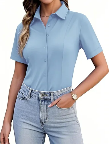 Miniatura 11 de Siliteelon Camisetas de Botón para Mujer, Ajustadas, de Manga Corta, Elásticas, Camisa de Vestir, Sin Arrugas, Sólida, Blusa de Trabajo