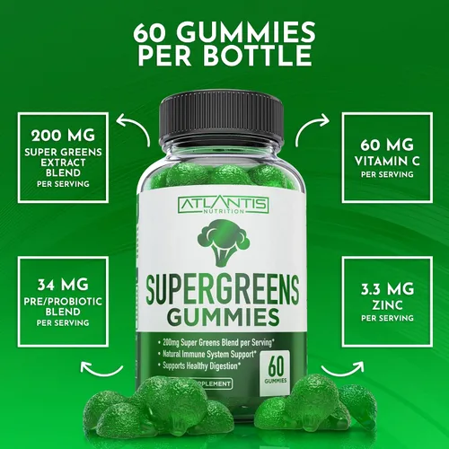 Miniatura 8 de Atlantis Nutrition Supergreens Gomitas - Suplemento diario de superalimentos verdes con espinacas, brócoli, moringa, remolacha, apio, té verde