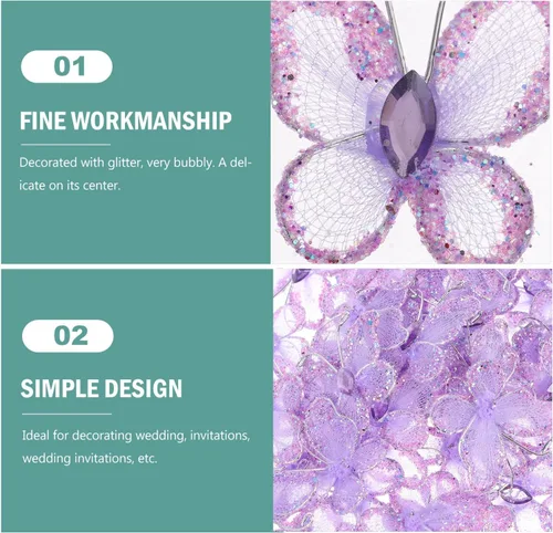 Miniatura 6 de WINOMO - Mariposas de organza con purpurina, diseño de mariposas con purpurina, 50 unidades, color morado