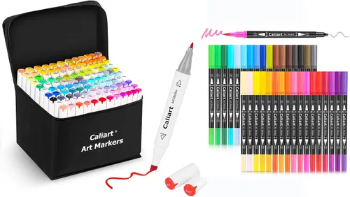 Caliart Marcadores a base de alcohol de 121 colores, 34 rotuladores de doble punta con pincel, marcadores de dibujo, marcadores permanentes para el