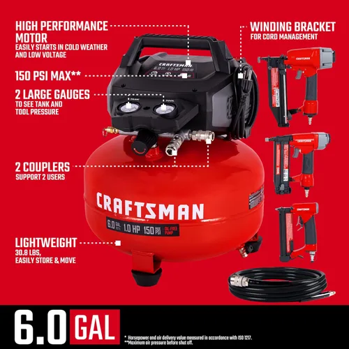 Miniatura 4 de Craftsman Compresor de Aire Tipo Panqueque de 6 Galones Kit Combo de 4 Herramientas, 150 PSI, Libre de Aceite, Incluye Clavadora de Acabado 16GA