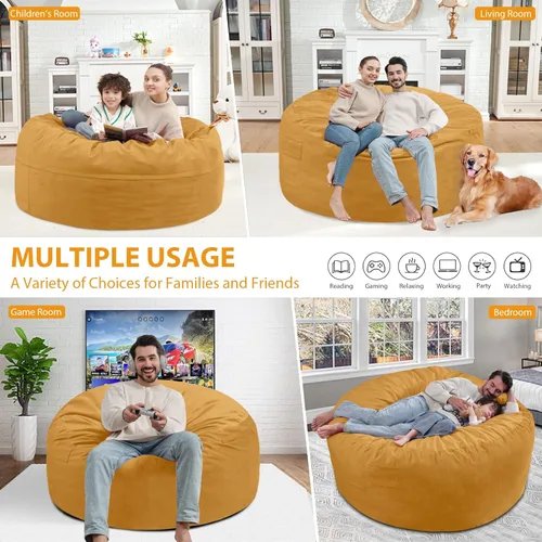 Miniatura 172 de Puf de 5 pies, puf grande con relleno de espuma viscoelástica, sofá puff esponjoso con funda de terciopelo holandés, puf redondo para sala de estar