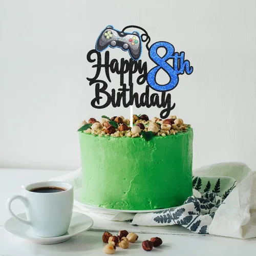 Miniatura 3 de Decoración de pastel de feliz cumpleaños 8 para videojuegos, fiesta de cumpleaños de 8 años, suministros de pastel azul, juego en nivel, decoración