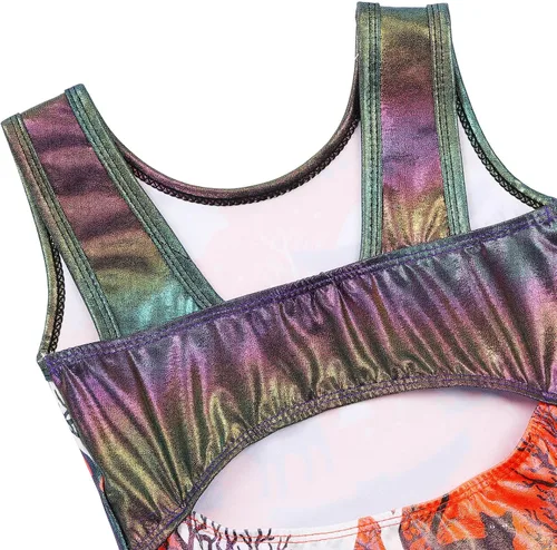 Miniatura 4 de BAOHULU Leotardos de gimnasia para niñas con pantalones cortos a juego, joyas brillantes, espalda abierta, ropa atlética para niños