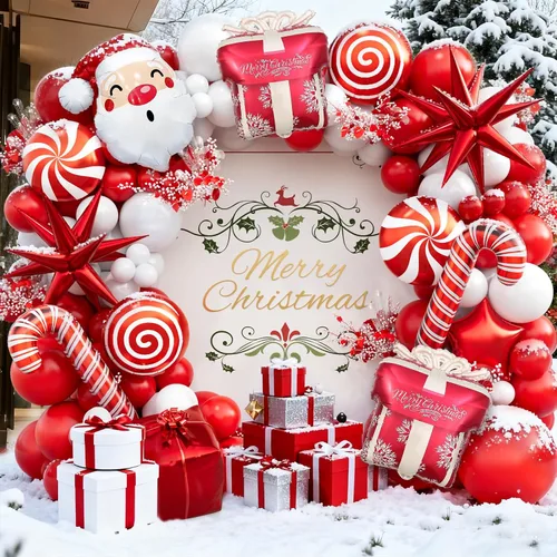 Kit de guirnalda de globos de Navidad en forma de arco con globos rojos y blancos, caramelo, bastón, estrella, estrella de explosión, caja de