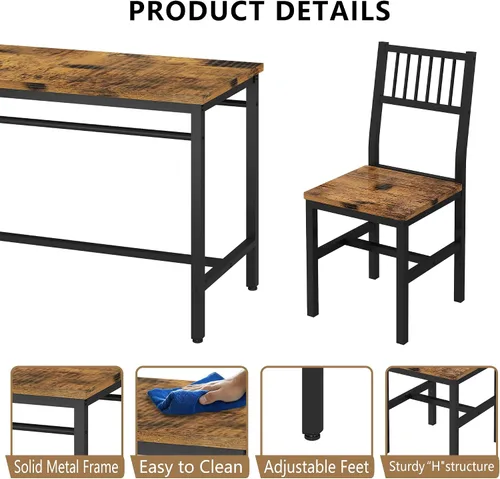 Miniatura 6 de AWQM Juego de mesa de comedor de 47.2 pulgadas para 4, mesa industrial con 4 sillas curvas, juego de mesa de cocina rectangular de 5 piezas