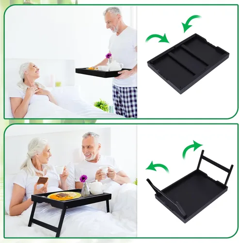 Miniatura 2 de Bandeja para la cama con asas y patas plegables, bandeja de desayuno de bambú con ranura para medios, uso como plato, escritorio para laptop, Negro