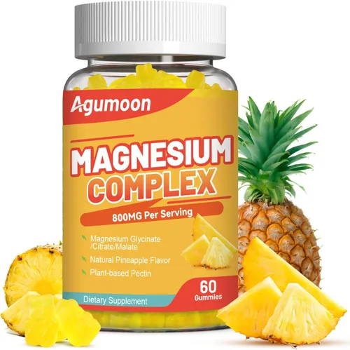 Gomitas complejas de magnesio de 800 mg con zinc y vitaminas B6, B12, C, D3, 60 gomitas de piña, glicinato de alta absorción, citrato, malato, sin
