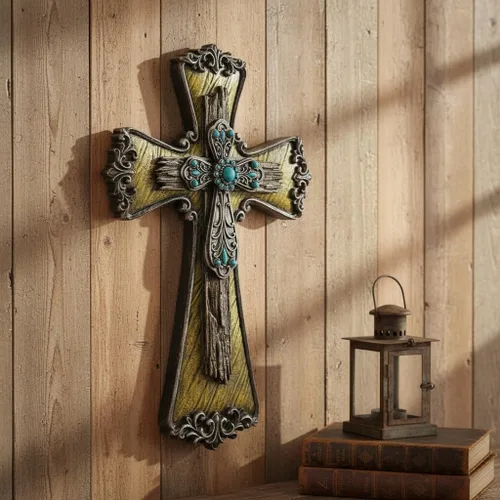 Miniatura 2 de Comfy Hour Cruz de pared decorativa de diamante azul de 12 pulgadas, rollo victoriano adornado con detalles turquesa, placa religiosa de madera