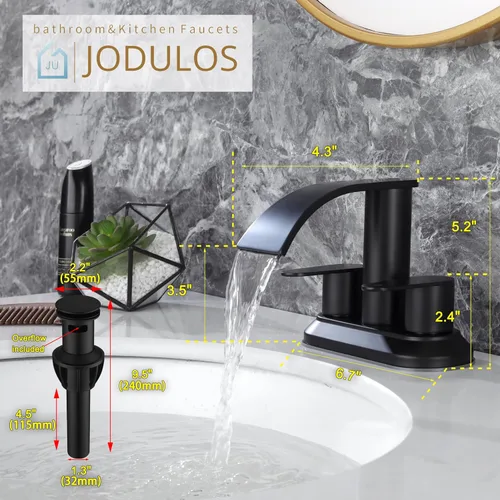 Miniatura 2 de Grifo central de baño de 4 pulgadas, color negro mate, grifo de lavabo de 2 manijas con tapón de drenaje emergente, grifo de fregadero de baño