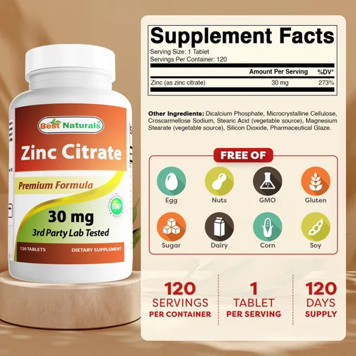 Miniatura 2 de Best Naturals Suplementos de zinc de 30 mg (como citrato de zinc), vitaminas de zinc para adultos, apoyo inmunológico, 120 tabletas