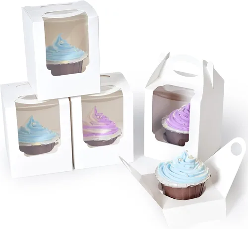 Miniatura 8 de Cajas para cupcakes, 50 unidades, recipientes individuales para cupcakes marrón con inserto de ventana y asa, caja de pastelería individual soporte