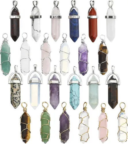 Lezam 24 piezas de dijes de cristal de curación para mujeres, piedras naturales de cuarzo de chakra, dijes hexagonales de piedra preciosa a granel