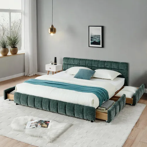 Miniatura 29 de Base de cama tapizada tamaño California King con tela de felpilla gruesa, cama de plataforma con cabecero copetudo, marco de madera maciza, diseño