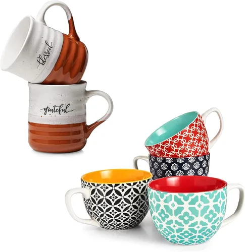 DOWAN Juego de 4 tazas de café grandes de 24 onzas, tazas de sopa de porcelana jumbo con asas para cereales, latte, capuchino, sopa de cacao