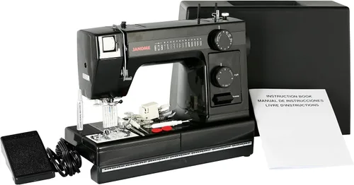 Máquina de costura industrial con cuerpo de aluminio HD1000 edición en color negro con caída de 14 hileras, ojal de 4 pasos, enhebrador de agujas