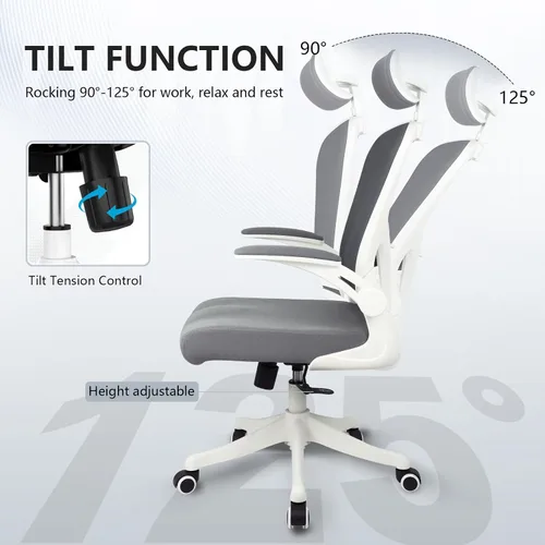 Miniatura 3 de Silla de escritorio ergonómica, soporte lumbar y reposacabezas 3D, silla de oficina en casa con respaldo de malla (gris)