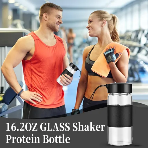 Miniatura 5 de Pequeña botella coctelera de vidrio, 16 onzas, sin BPA, sin olor, con bola mezcladora 304SS y cepillo de limpieza extraíble para fitness y batidos