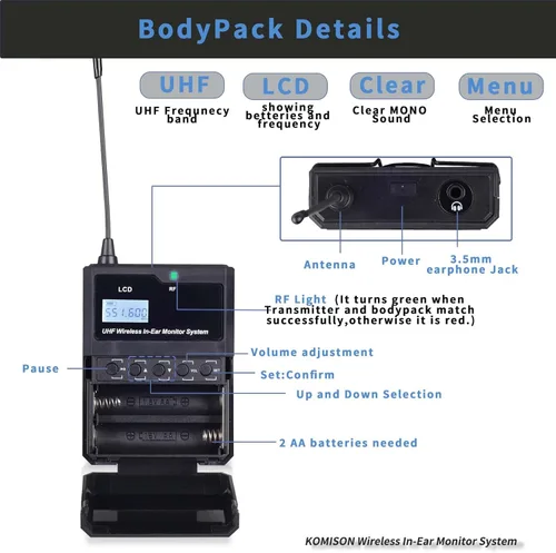 Miniatura 3 de Sistema de monitor inalámbrico mono en oído, sistema IEM, transmisor de sistema IEM profesional UHF y receptor de cinturón iems para estudio