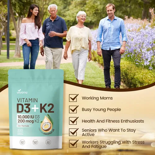 Miniatura 5 de Vitamina D3 K2 10000 UI con MK7 - 300 Cápsulas blandas de aceite de coco virgen Complejo de vitaminas D y K 2 en 1 Vitamina D3 con K2 Respalda