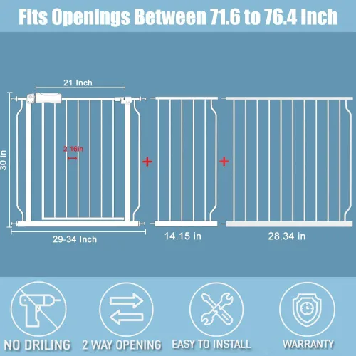 Miniatura 2 de Puertas de bebé extra anchas de 71.5 a 76.3 pulgadas, color blanco, montadas a presión, puertas de seguridad para interiores, puerta infantil