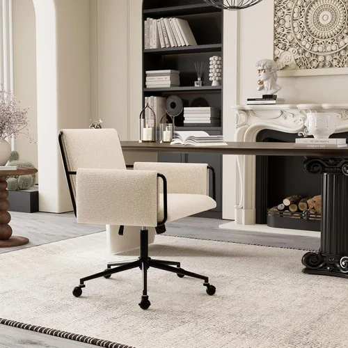 Miniatura 7 de Rowill Silla de oficina moderna, tela beige Boucle, altura ajustable, capacidad de 300 libras, ruedas, reposabrazos, perfecta para oficina en casa