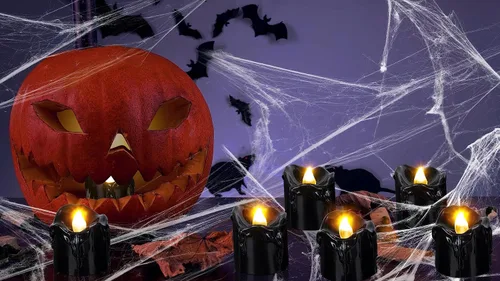 Miniatura 4 de 24 velas de decoración de Halloween para interiores, velas de té negra: velas LED sin llama, funciona con pilas, decoración de mesa con telarañas
