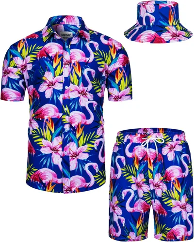 Miniatura 146 de TUNEVUSE Conjunto de camisas y pantalones cortos hawaianos para hombre, 2 piezas, trajes de playa con estampado de flores, traje tropical de verano