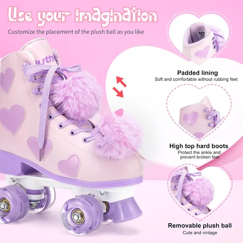 Miniatura 5 de Ruthfot Patines clásicos para mujeres y niñas con ruedas iluminadas y patrón de corazón de amor, patines de cuero PU de caña alta.. Púrpura