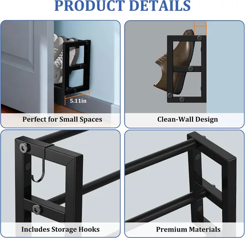 Miniatura 7 de Paquete de 2 zapateros estrechos de pared para espacios pequeños, zapatero colgante con capacidad para 8 pares, almacenamiento de zapatos de pared