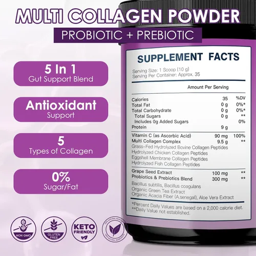 Miniatura 2 de DRFOSTER Polvo de péptidos de colágeno con probióticos – Colágeno hidrolizado tipo I II III V X con mezcla antioxidante – Colágeno múltiple
