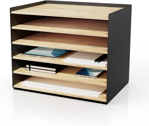 Miniatura 8 de Prosumer's Choice Organizador de escritorio de bambú de 3 niveles con 2 cajones, bandeja de papel de madera para una configuración limpia