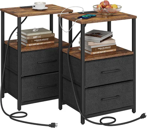 Miniatura 25 de TUTOTAK Mesita de noche LED con estación de carga, mesita de noche grande con puerto USB y Type-C, mesa de noche con cajones de tela, mesa auxiliar