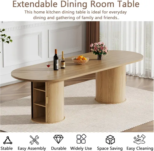 Miniatura 4 de Mesa de comedor redonda extensible con base de almacenamiento, mesa de comedor expandible natural de 63 a 94 pulgadas para 10 personas, mesa