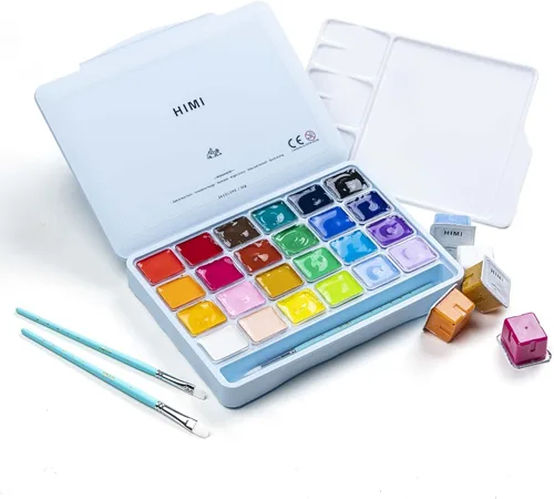 HIMI - Juego de pinturas gouache con 3 pinceles de pintura, 24 colores, 1 onza (30 g) cada una, diseño de envase de gelatina, pintura no tóxica para