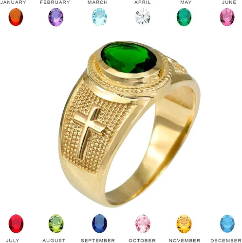 Miniatura 2 de LABLINGZ - Anillo de oro amarillo de 10 quilates con cruz cristiana de piedra natal de mayo y circonita verde