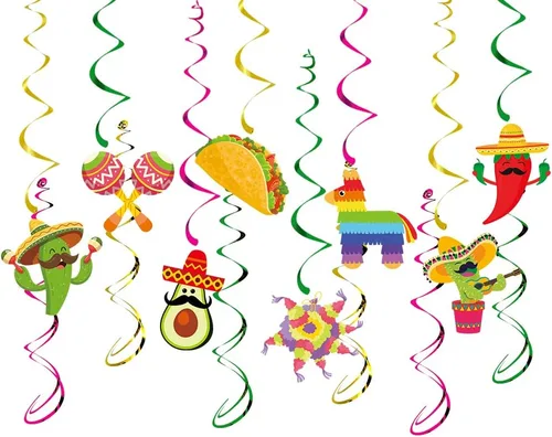 14 piezas de decoraciones de fiesta mexicana colgantes espirales colgantes, decoraciones colgantes de Cinco de Mayo, decoraciones de fiesta de Let's
