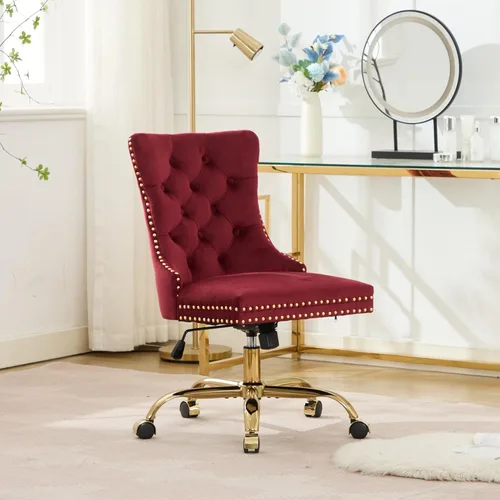 Miniatura 21 de Silla de oficina en casa de terciopelo con base de metal dorado y ribete de cabeza de clavo, moderna silla de trabajo tapizada giratoria tapizada