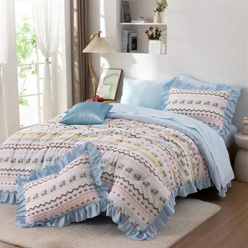 Miniatura 2 de Aimuan Unicorn Striped Print Comforter Set for Kids Girls Boys, Kawaii Bow Bedding Set Bedroom Decor, Twin/Full/Queen (Twin, Blue-Pink)