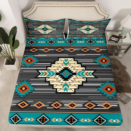 Miniatura 42 de Homewish Western Fitted Sheets Twin Size (No Flat),Retro Country Tribal Bedding Set 2Pcs,Kids Girls Boys Room Decor,Southwest Aztec Stripes Bed