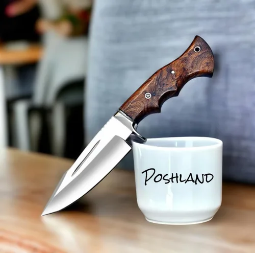 Miniatura 2 de Poshland Cuchillo de caza hecho a mano, cuchillo EDC de hoja fija Bushcraft de 10 pulgadas con hoja de acero D2, mango de madera de nogal, funda