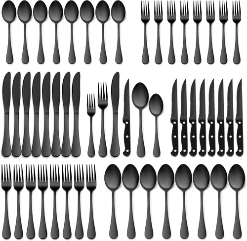 Miniatura 12 de E-far Juego de cubiertos negros de 24 piezas con cuchillos para carne, cubiertos de acero inoxidable para 4, modernos juegos de utensilios de metal