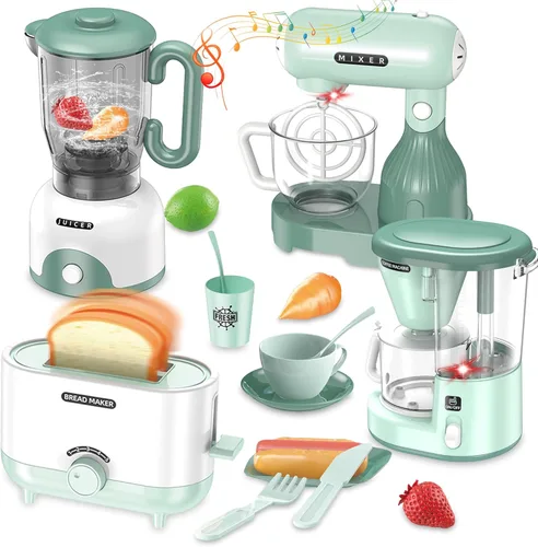 Accesorios de cocina de juego para niños, juego de simulación de cocina con juguetes de electrodomésticos de cocina con cafetera, tostador,